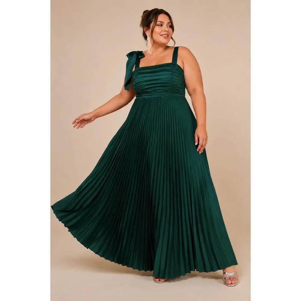 NEW Lulus Emerald Green Gorgeous Purpose Satin Pleated Sleeveless Bow Maxi Dress - Picture 2 of 16